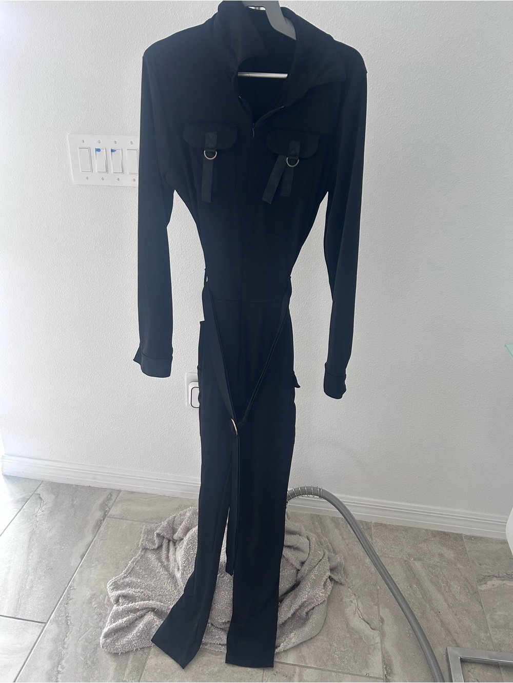 SHEIN Black Long-Sleeve Zip-Front Utility Jumpsuit